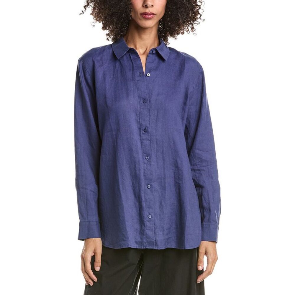 Eileen Fisher Womens Classic Collar Linen Long Shirt